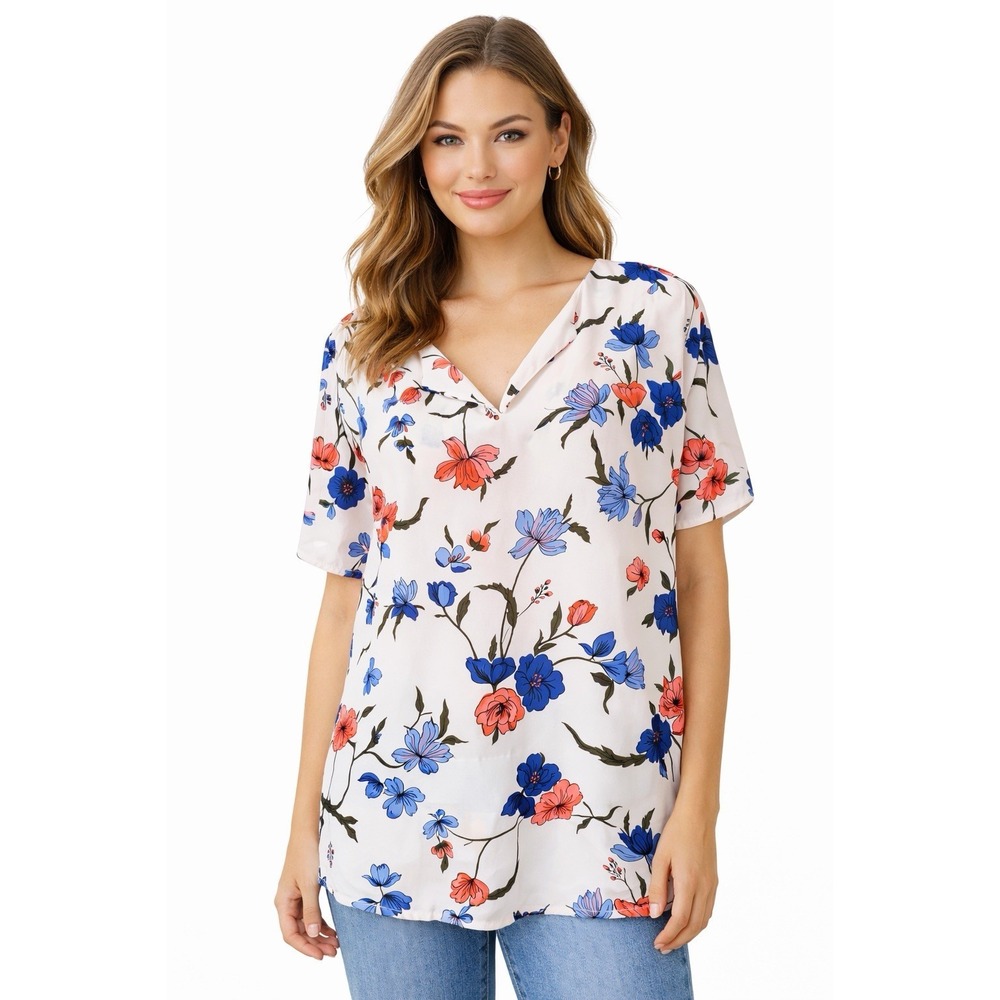 DR2 Women's Floral Blouse XL White Blue Coral V Neck Short Sleeve‎ Casual Top